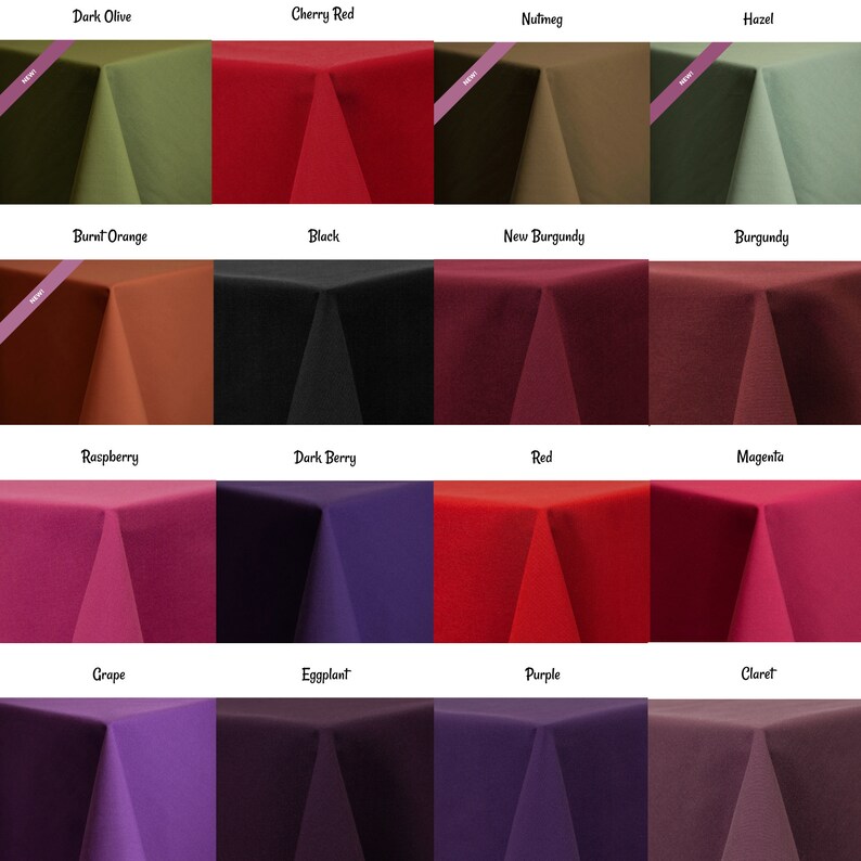 Puede incluir: Una carta de colores que muestra 16 muestras de tela diferentes. Las muestras est&aacute;n dispuestas en cuatro filas de cuatro. Los colores son: Oliva oscuro, Rojo cereza, Nuez moscada, Avellana, Naranja quemada, Negro, Borgo&ntilde;a nuevo, Borgo&ntilde;a, Frambuesa, Baya oscura, Rojo, Magenta, Uva, Berenjena, P&uacute;rpura y Borgo&ntilde;a.