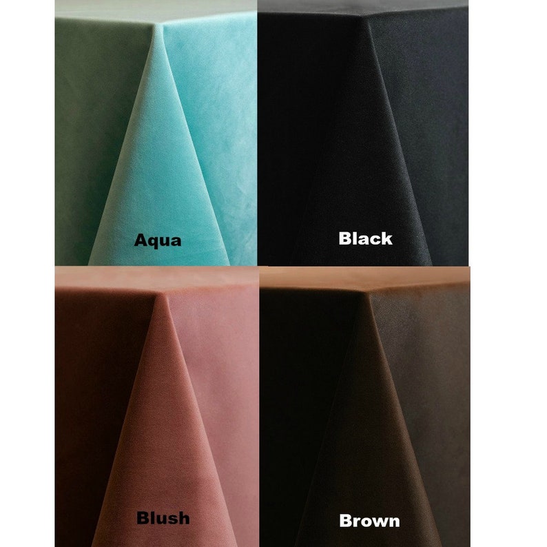 May include: Four velvet tablecloths in different colors: aqua, black, blush, and brown. The tablecloths are folded in half and laid out on a white background.