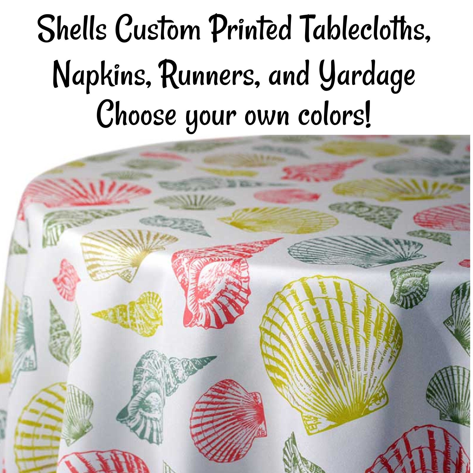 Shells Print Custom Printed Coastal Shell Tablecloths Napkins Table Runners and Fabric Ocean Beach style Print Nautical theme