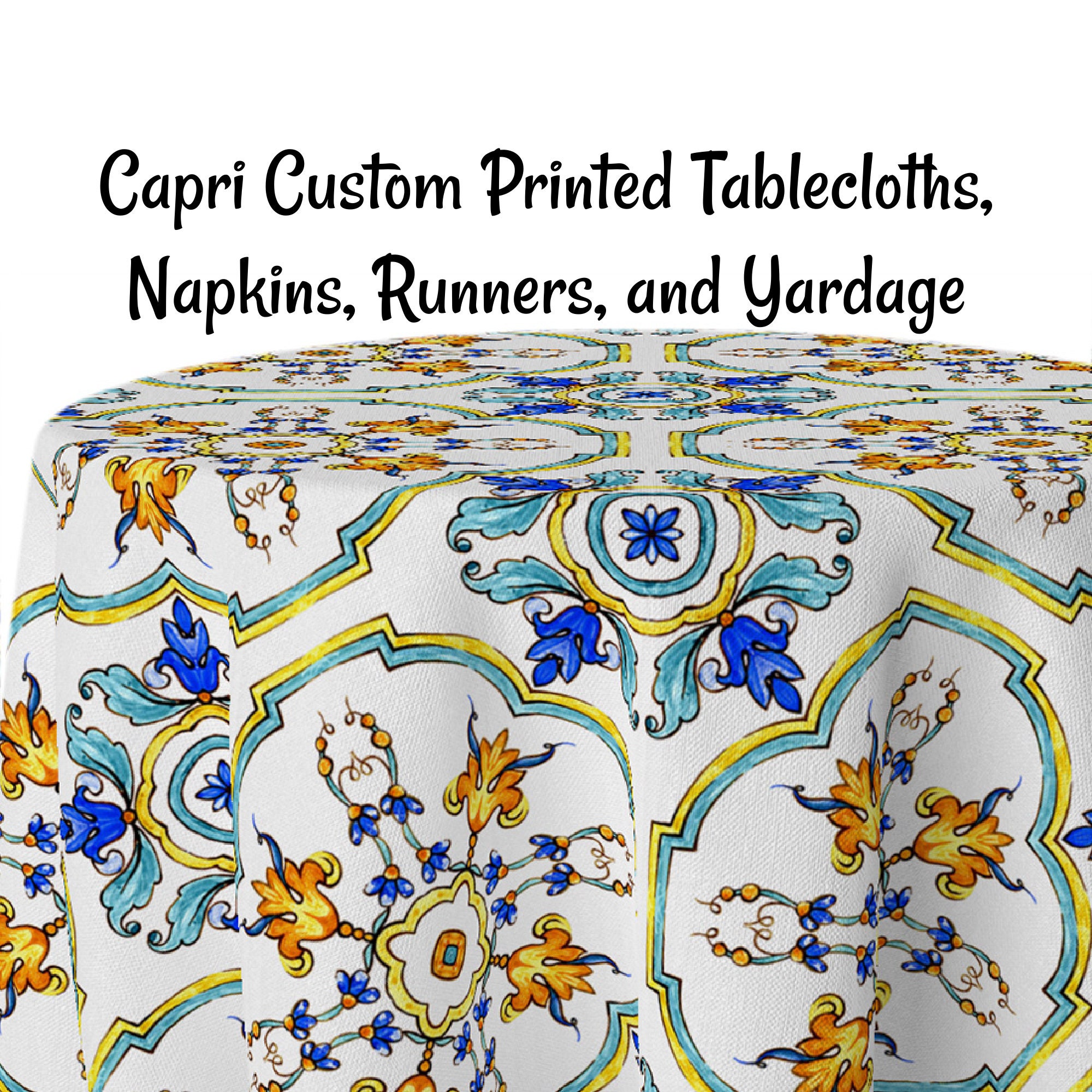 Capri Custom Printed Italian Geometric Tablecloths, Napkins, Table Runners, and Fabric by the yard. Custom Print made to order.