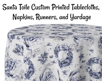 Santa Toile Custom Printed Christmas Tablecloths, Holiday Tablecloths, Christmas Napkins, Christmas Table Runners  Santa Claus Toile Print.