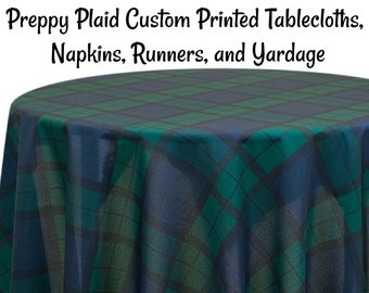 May include: A round tablecloth with a green and blue plaid pattern. The tablecloth is made of a soft, smooth fabric.  Preppy Plaid Custom Printed Tablecloths, Napkins, Runners, and Yardage
