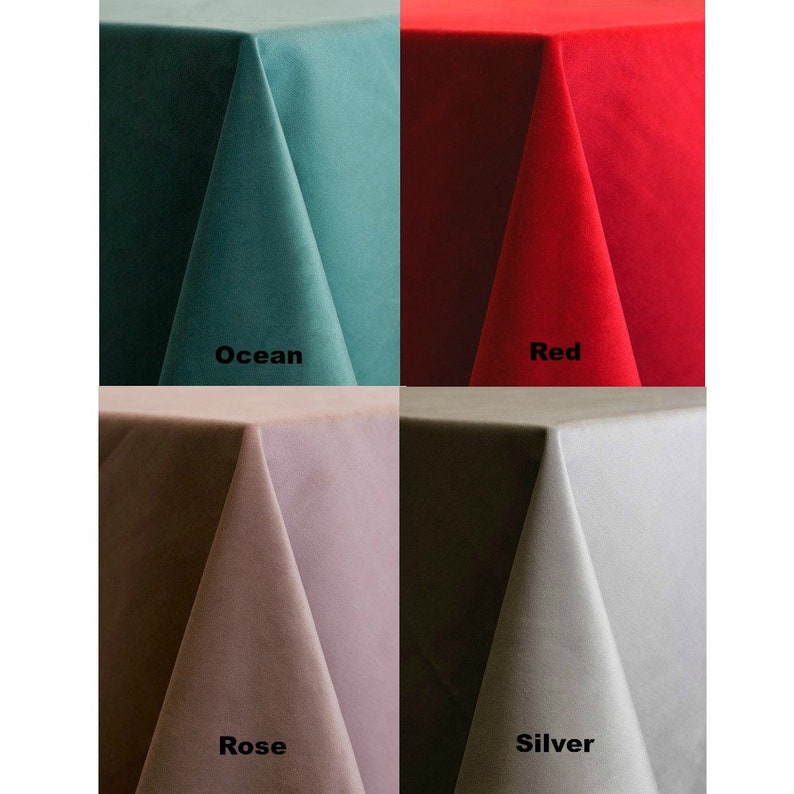 May include: Four square tablecloths in different colors: ocean, red, rose, and silver. The tablecloths are made of a soft, velvety material.