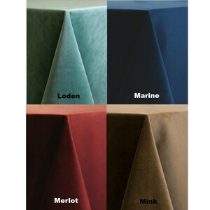 May include: Four velvet tablecloths in different colors: Loden (green), Marine (blue), Merlot (red), and Mink (brown).