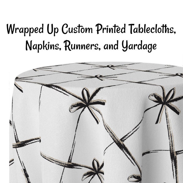 Wrapped Up Custom Printed Holiday Tied String Tablecloths, Napkins, Table Runners, and Fabric by the yard. Tied Bow Print Custom Made.