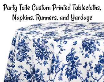 Party Toile Custom Printed Toile Tablecloths, Napkins, Table Runners, and Fabric by the yard. Toile de jouy print spun polyester.