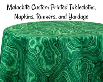 Malachite Custom Printed Malachite Tablecloths, Napkins, Table Runners, and Fabric by the yard. Malachite Print is custom made to order.