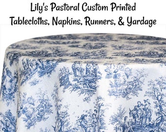 Lilly&#39;s Pastoral Toile Custom Printed Toile Tablecloths, Napkins, Table Runners, and Fabric by the yard. Toile de jouy print woven polyester