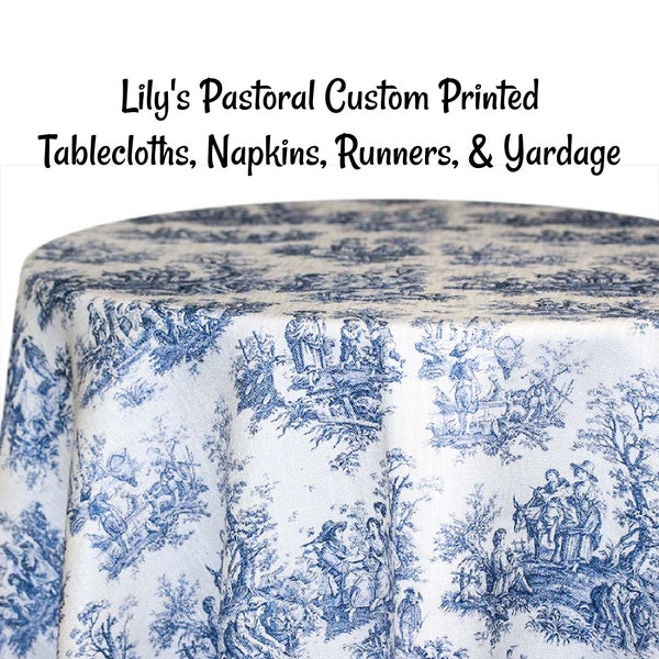 Lilly's Pastoral Toile Custom Printed Toile Tablecloths, Napkins, Table Runners, and Fabric by the yard. Toile de jouy print woven polyester