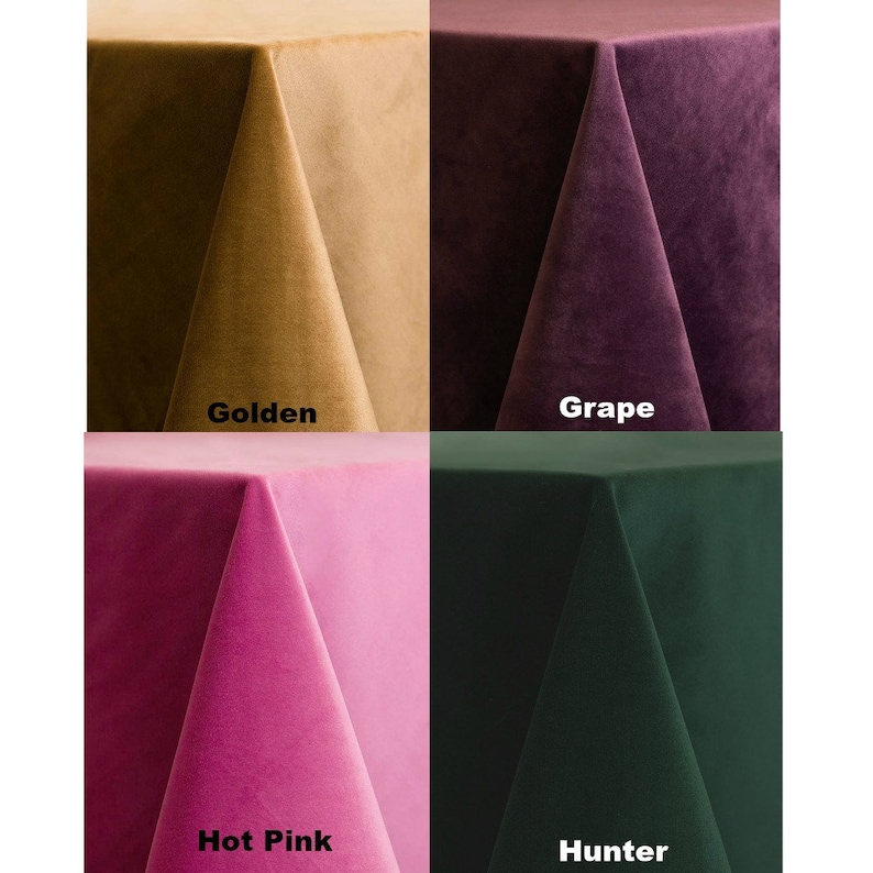 May include: Four velvet tablecloths in different colors: golden, grape, hot pink, and hunter green. The tablecloths are folded in a triangular shape.