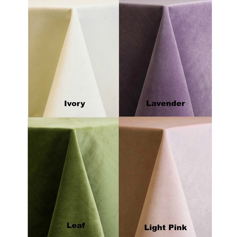 May include: Four velvet tablecloths in different colors: ivory, lavender, leaf green, and light pink. The tablecloths are folded in a triangular shape.