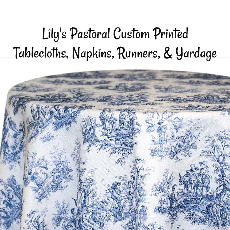 Lilly's Pastoral Toile Custom Printed Toile Tablecloths, Napkins, Table