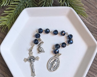 Deep Navy Blue Crystal Glass Bead Miraculous Medal Catholic Pocket Rosary with St Benedict crucifx.