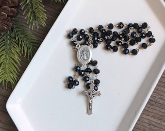 Black Glass Bead St Benedict Themed Rosary