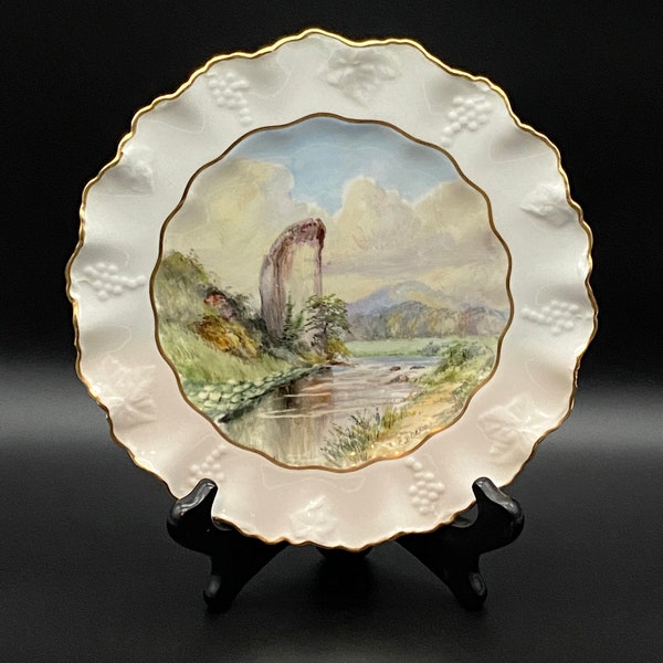 VINTAGE Royal Crown Derby Fine Porcelain Salad Plate, c. 1923-1953, "Vine" Blank, Hand Painted "Ilam Rock Dovedale"