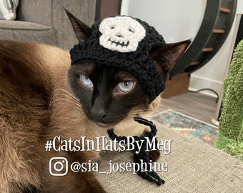 Peut inclure: Un chat noir et blanc portant un chapeau en crochet noir avec un motif de crâne blanc. Le chat est allongé sur un canapé gris avec une couverture verte en arrière-plan. Le texte #CatsInHatsByMeg et @sia_josephine est visible sur l'image.