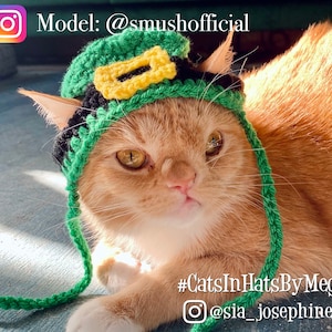 May include: A ginger cat wearing a green and black crocheted leprechaun hat with a gold shamrock. The hat has a long green strap. The cat is looking at the camera. The text #CatsInHatsByMeg and @sia_josephine is visible in the image.