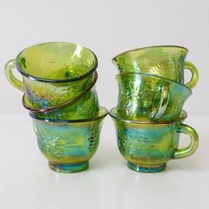 Indiana Glass Co. Green Carnival Glass Punch Cups - Harvest Grape Set of 6 - Vintage Collectible Drinkware & Home Decor