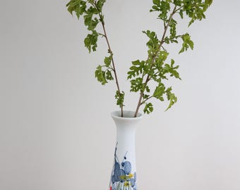 1970s Japanese Studio Art Pottery Vase – Matte White Ceramic with Indigo Botanical Design