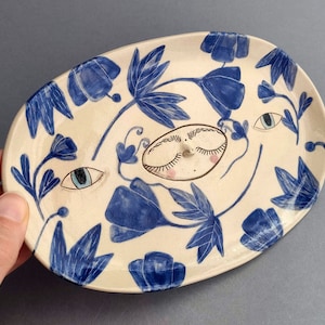 Ceramic patera „Spirit in blue flowers”/ plate, ceramic art, home decor, handmade, jewlery dish, special gift, spiritual art, magical art