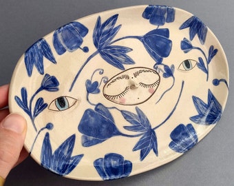 Ceramic patera „Spirit in blue flowers”/ plate, ceramic art, home decor, handmade, jewlery dish, special gift, spiritual art, magical art