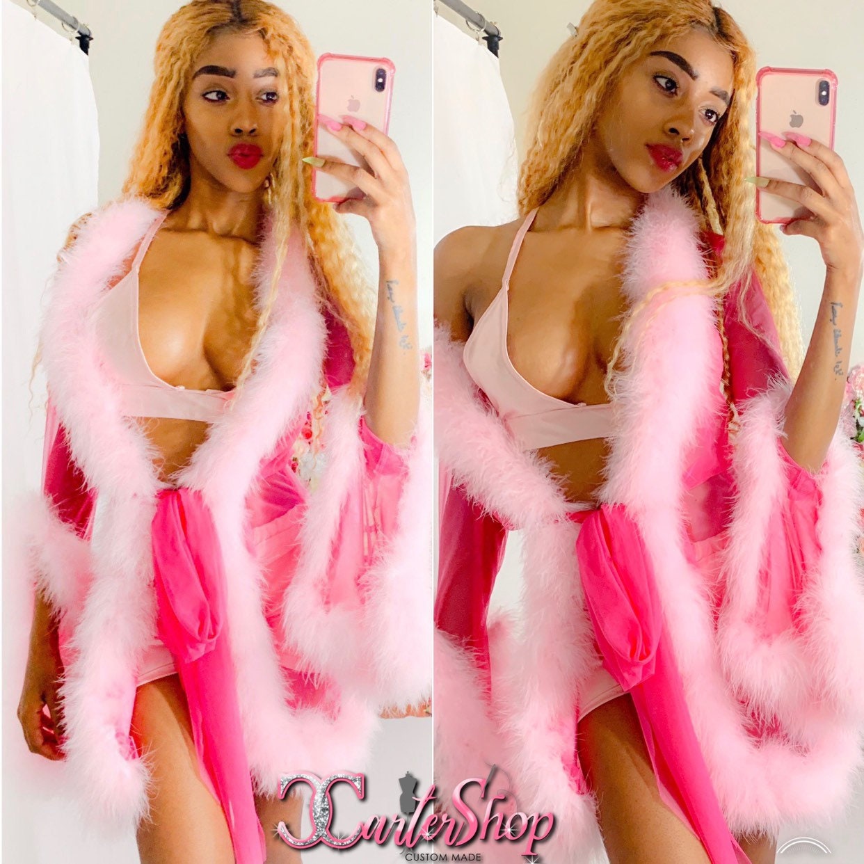 Baby Pink Faux Fur Lingerie Dress, Lingerie