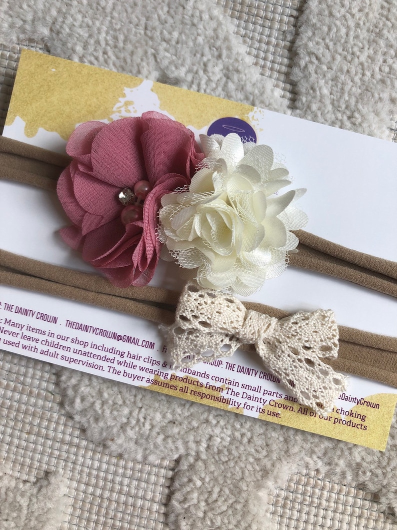 Nylon headband with chiffon flowers and the other with a crochet lace bow