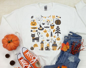 Halloween Doodles Sweatshirt, Süßer Spooky Crewneck Pullover, Hexe Kürbis Langarm Herbst Pullover, Frauen Männer Urlaub Dekoration, Plus Size