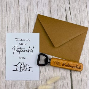 Domande sul Padrino – Apribottiglie con incisione e biglietto d'auguri