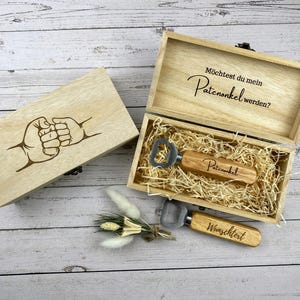 Personalisierter Flaschenöffner aus Holz mit Gravur – Hochwertige Geschenkbox für Patenonkel – Einzigartiges Taufgeschenk