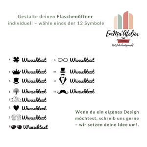 May include: A white background with black text and illustrations. The text reads "Gestalte deinen Flaschen&ouml;ffner individuell - w&auml;hle eines der 12 Symbole." There are 12 symbols with the word "Wunschtext" next to each. The logo "Emma'Atelier" is in the upper right corner.