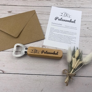 Abridor de garrafas de madeira personalizado com cartão – Presente de alta qualidade para padrinho – Presente de batismo exclusivo pergunta do padrinho