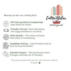 Puede incluir: Un gr&aacute;fico blanco con texto en alem&aacute;n, incluyendo "Emma'Atelier" y "Mit liebe handgemacht." El texto destaca art&iacute;culos hechos a mano, env&iacute;o r&aacute;pido, alta calidad, inspecci&oacute;n cuidadosa y soporte r&aacute;pido. La imagen tiene un logo con un coraz&oacute;n.