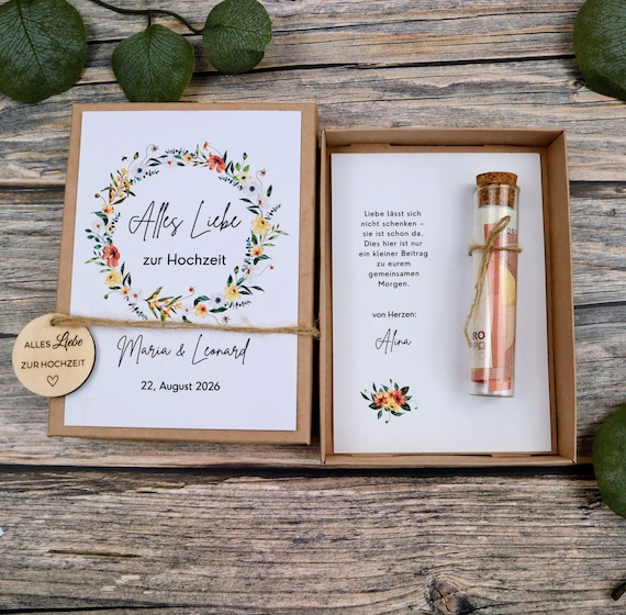 Geldgeschenk Hochzeit personalisiert | Schnelle Lieferung | Geschenkbox Namen und Datum | Glasröhrchen & Holzanhänger | Geschenk Brautpaar
