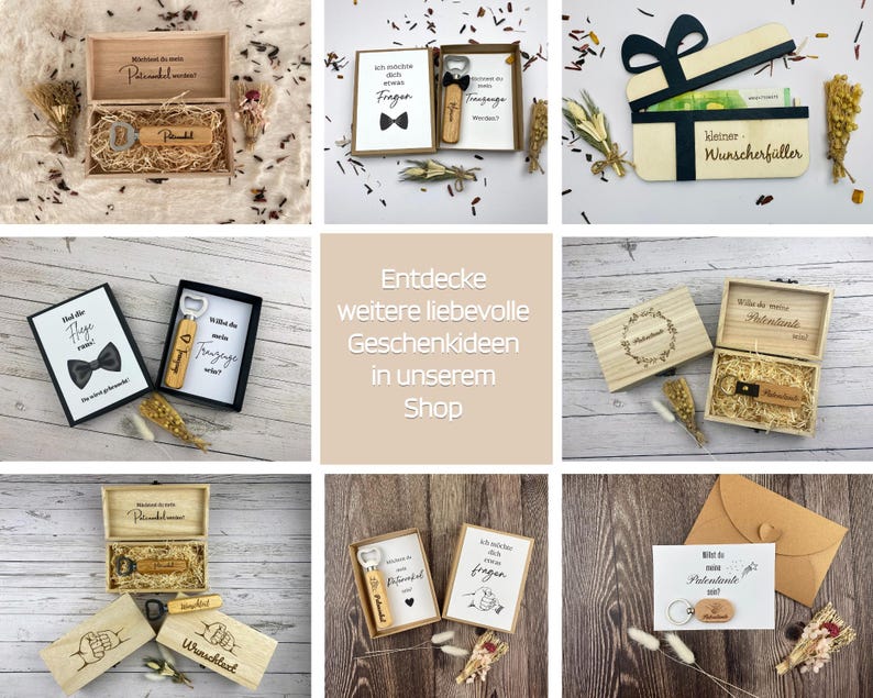 Puede incluir: Una colecci&oacute;n de cajas de regalo de madera, abridores de botellas y tarjetas. Las cajas est&aacute;n abiertas, revelando art&iacute;culos dentro de paja. Algunas cajas tienen texto, y los abridores de botellas tienen mangos de madera. Se incluyen flores secas y elementos decorativos.