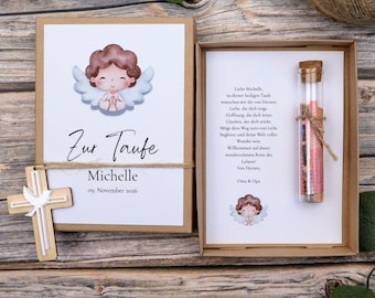 Personalized christening money gift with angel – christening gift box with name & date, wooden cross - acrylic