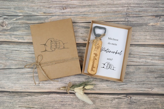 Flaschenöffner mit Gravur & Geschenkbox – Motiv und Frage Möchtest du mein Patenonkel sein? – personalisierbar