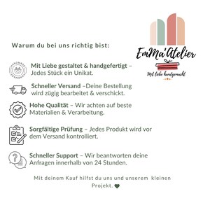 May include: A white informational graphic featuring the Emma'Atelier logo with pastel arches. It lists five service points including handmade quality, fast shipping, high standards, careful inspection, and quick support, ending with a thank you note.