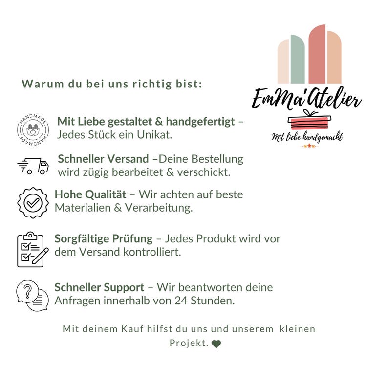 May include: A white informational graphic featuring the Emma'Atelier logo with pastel arches. It lists five service points including handmade quality, fast shipping, high standards, careful inspection, and quick support, ending with a thank you note.