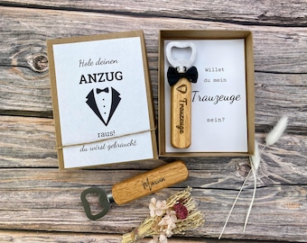 Prezent dla świadka – Spersonalizowany otwieracz do butelek w eleganckim pudełku prezentowym – Zadawanie pytań ze stylem