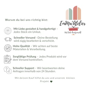 May include: A white graphic with text in German, including "Emma'Atelier" in cursive, and icons representing handmade, fast shipping, high quality, careful inspection, and quick support. The text explains the benefits of buying from the shop.