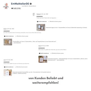 Puede incluir: Un fondo blanco con rese&ntilde;as de clientes para EmMaAtelierDE, una tienda con sede en Berl&iacute;n, Alemania. Las rese&ntilde;as incluyen texto e im&aacute;genes de los productos. La tienda tiene una calificaci&oacute;n de 5.0 estrellas. El texto "von Kunden Beliebt und weiterempfohlen!" est&aacute; en la parte inferior.