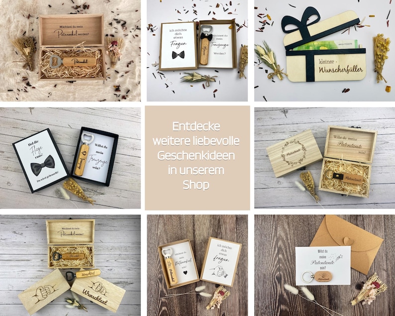 May include: A collection of wooden gift boxes containing personalized bottle openers and keychains, featuring printed cards with German text, decorative dried flowers, and gift envelopes, presented in various arrangements on wood and white surfaces.