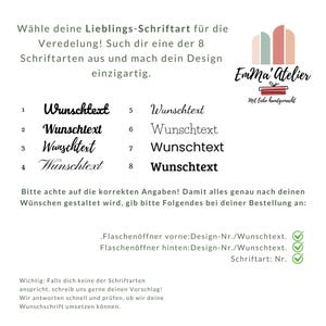 May include: Image with text in German, showcasing eight font styles for customization. The text reads "W&auml;hle deine Lieblings-Schriftart f&uuml;r die Veredelung!" and "Emma' Atelier". The image also includes instructions for ordering and a logo.