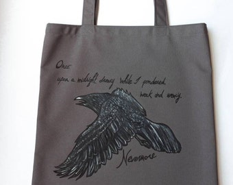 The Raven tote bag, Edgar Allan Poe tote bag, lettering tote bag, The raven Quote
