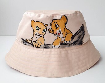 Simba and Nala Bucket Hat, Beige Bucket Hat, Handmade, Handpainted