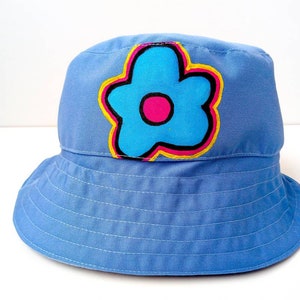 Sombrero de pescador de flores, sombrero de pescador azul, hecho a mano, pintado a mano
