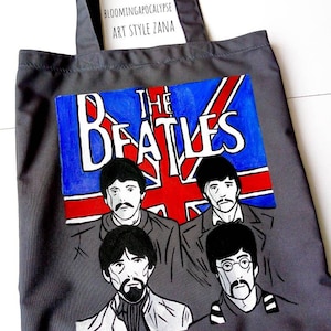 Tote Bag ,The Beatles, Handpainted Eco Friendly Bag, gray handbag