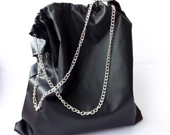 Tote Bag Vegan leather, Black Chain Strap bag Handpainted, Eco Friendly Bag