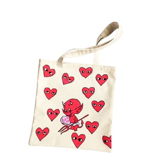 Little Devil, czerwone serca, torba typu tote, ręcznie malowana, przyjazna dla środowiska, biała torba typu tote